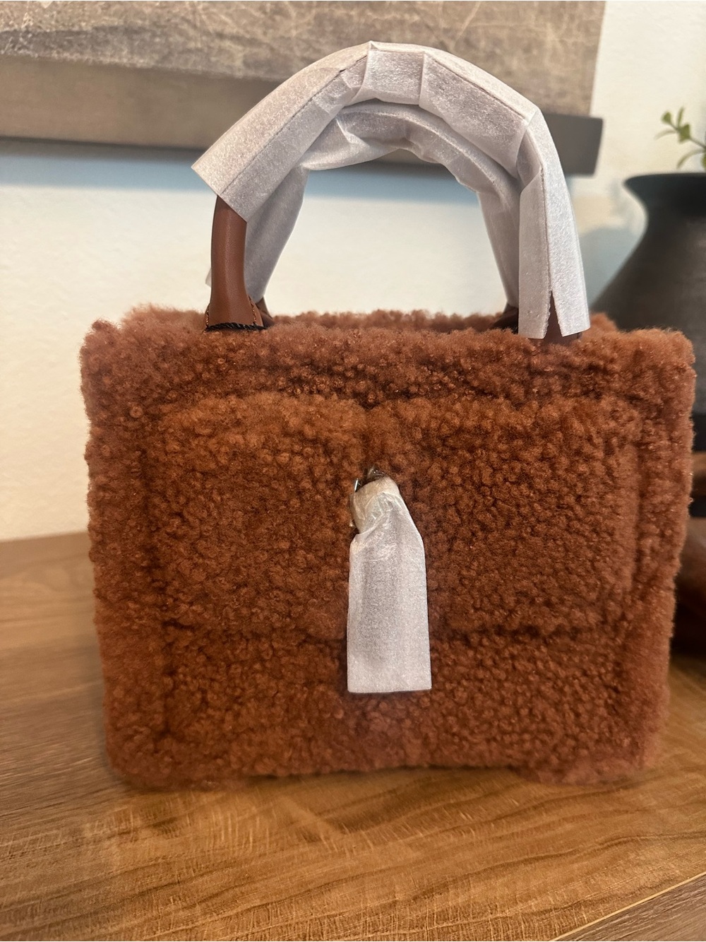 NWT Brandon Blackwood brown shearling top handle bag with rolled leather handles
